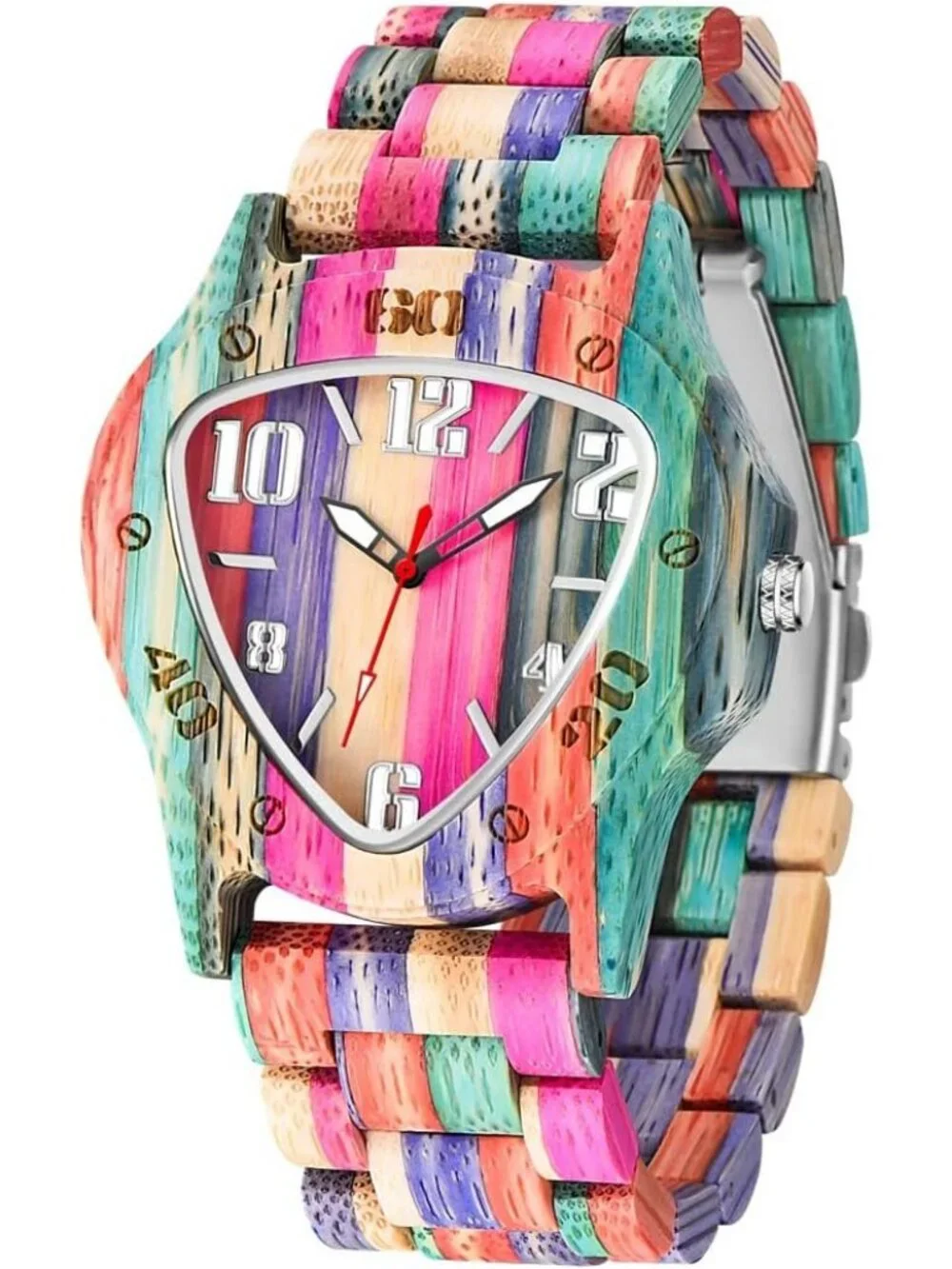 Men's Multi Color Analog Quartz Handmade Colorful Bamboo Triangle Wooden Watch